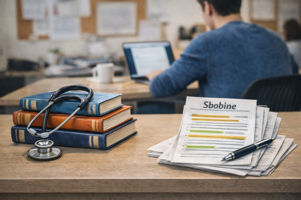 Estudante de medicina organizando esquema de estudos com canetas coloridas e caderno